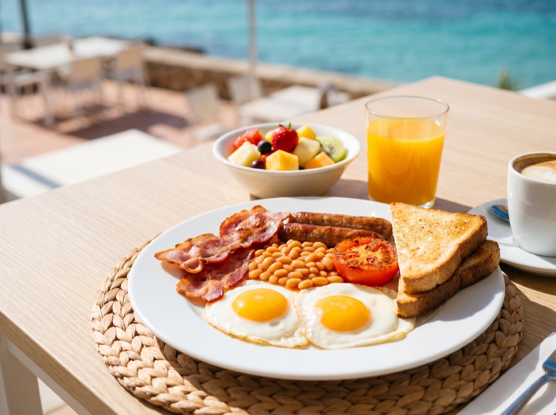 Colazione all'inglese con uova, bacon e frutta sulla terrazza di Puerto Rico, Magaluf